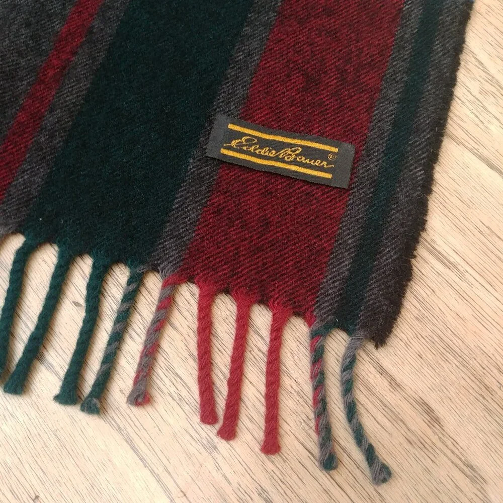Eddie Bauer red green gray wool plaid scarf with fringe
